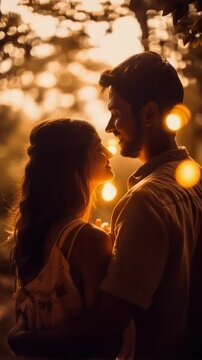 Close-up of a couple touching foreheads in soft golden light expressing intimacy romance and deep emotional connection