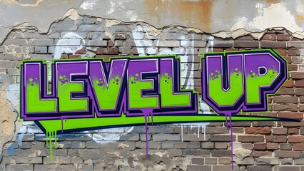Graffiti 'LEVEL UP' text in purple and green on old distressed brick wall