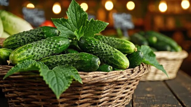 A visually appealing close-up shot features a generous pile of vibrant green cucumbers, freshly harvested and displayed in a rustic wicker basket. Adorned with lush green leaves, the scene evokes a se