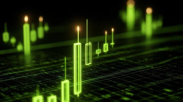 Glowing green candlestick chart elements in digital style on a black background, representing online finance, stock market and trading data