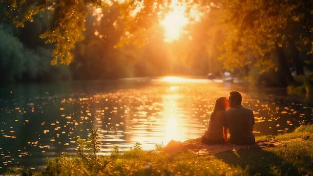 Couple sitting by a calm river at sunset enjoying quiet time together in a glowing autumn landscape symbolizing lasting love and companionship
