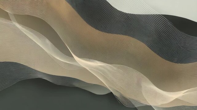 Flowing translucent fabric with soft curved lines in beige, black and white tones on a neutral background, expressing elegance and motion