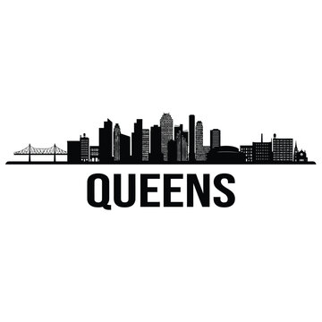 queens skyline illustration with city buildings and bridge silhouette design