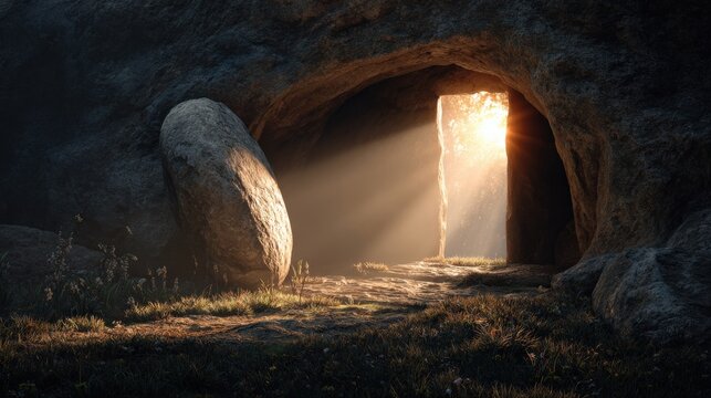 A divine ray of light illuminates the opening of an ancient tomb, an awe-inspiring vision evoking themes of hope, renewal. ..Created with Generative AI, not depicting real subjects.