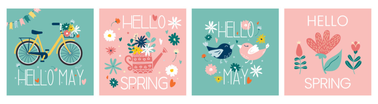 Set of spring cards and posters Hello Spring! Hand drawn doodle style couple of birds, bicycle, flowers, watering can, bouquet. Spring cover for social media, invitations, advertising and web pages. 