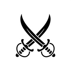 &ldquo;Two identical curved swords crossing, black solid silhouette, minimalist vector icon, high contrast&rdquo;