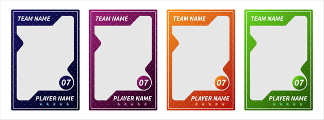 Game sports card template set. Trading card frames for football, soccer, basketball, hockey and volleyball players, vector photo borders and sport flyer layout design on white background