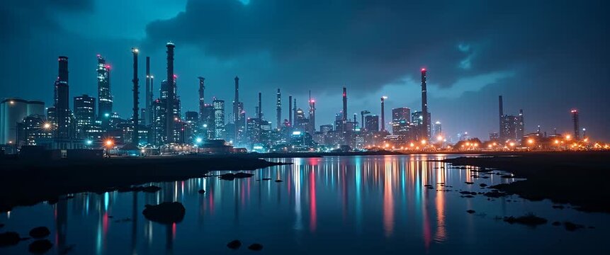 Majestic refinery skyline at dusk with twinkling industrial lights, gentle water reflections, and slow camera pan, creating a cinematic, atmospheric scene perfect for corporate presentations.