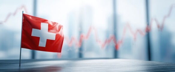 The Swiss flag overlooking a financial skyline with red stock market trend line