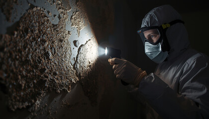 A person in protective gear examining a moldy wall with a flashlight in a dark environment.