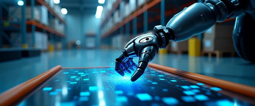 Futuristic robotic hand interacts with digital interface in high-tech warehouse; camera gently pans as lights flicker, creating a cinematic, technology-driven atmosphere.