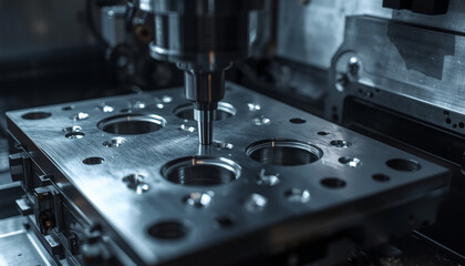 A close-up view of a metal plate being machined by a drill press in a factory setting.