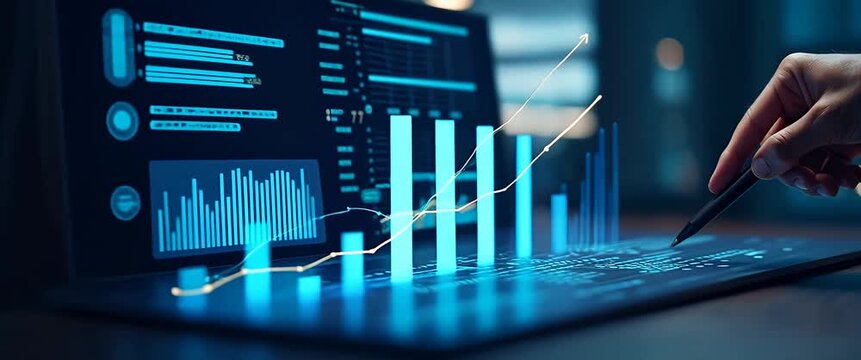 A hand interacts with a glowing digital financial dashboard, graphs and data in motion, while the camera slowly pans to reveal a modern office setting, in a cinematic style.