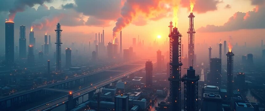 Industrial skyline at sunset with smoke rising from chimneys, creating a dramatic silhouette; camera gently pans across the scene, capturing the dynamic urban environment in a cinematic style.
