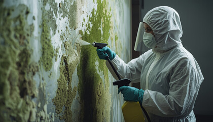 A person in protective gear spraying mold off a wall with a solution