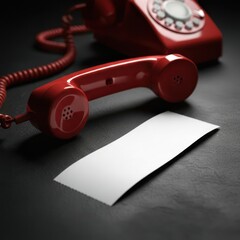 Red vintage rotary telephone handset off the hook with blank white card on dark gray surface. Space for text.