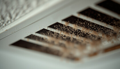 A dirty air vent with visible dust and debris accumulation