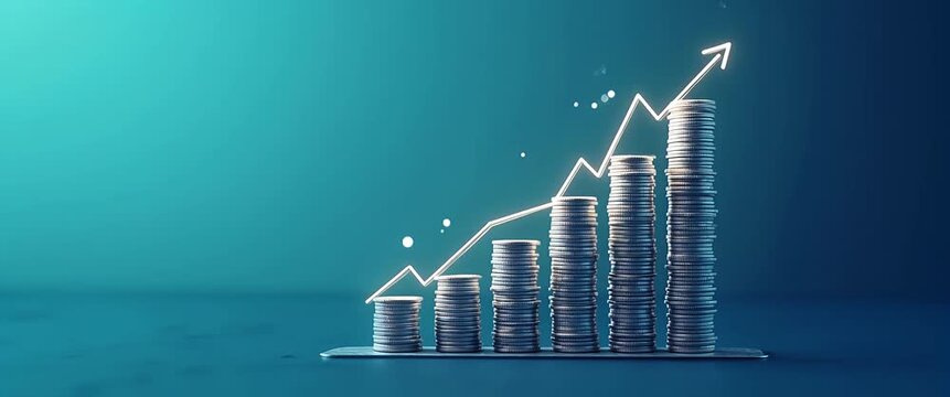 Stacks of coins rise steadily, symbolizing financial growth, as the camera slowly pans across a glowing blue background with an upward arrow chart, in a sleek, cinematic style.