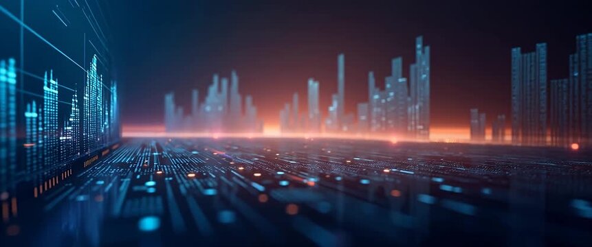 Futuristic digital cityscape with glowing data streams; camera slowly pans across a virtual skyline as lights gently flicker, creating a cinematic, high-tech ambiance.