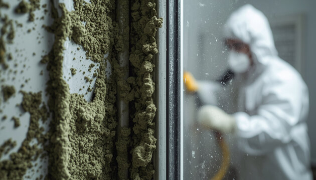 A person in a hazmat suit removing asbestos from a wall in a construction site