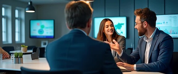 Professional team engaged in dynamic business meeting, with participants exchanging ideas; camera smoothly tracks across the table in modern office environment, creating a cinematic, collaborative atm