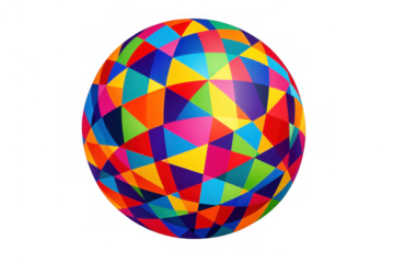 Colorful geometric sphere creating a vibrant abstract pattern with polygons and mosaic elements on transparent background