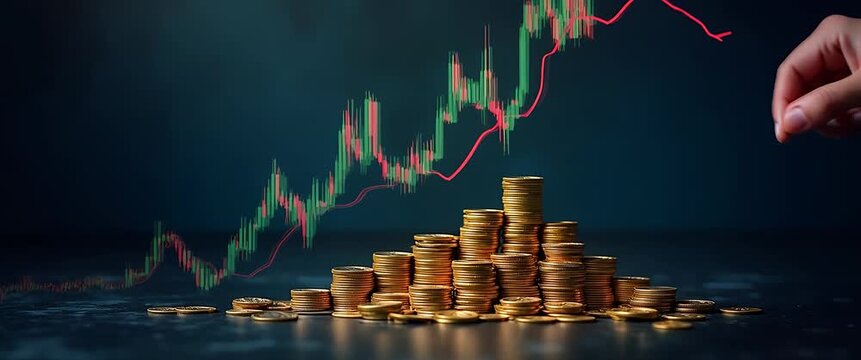 Business hand stacking Bitcoin coins in a cinematic scene, with a dynamic financial graph in the background; camera slowly pans as ambient lights flicker, highlighting cryptocurrency investment.