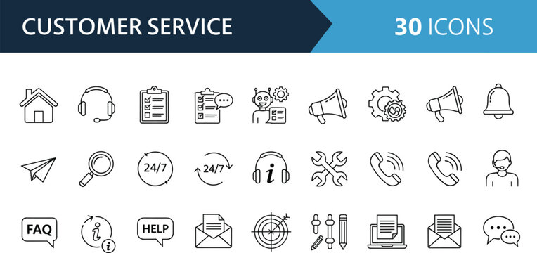 Professional Customer Service and Support Line Icon Set Featuring Call Center Agents, 24/7 Assistance, Technical Help Desk, Frequently Asked Questions, and Communication Symbols for Business.