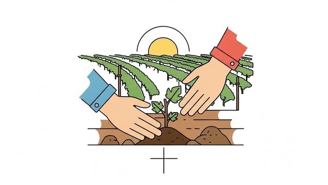Flat illustration of hands planting a vine, celebrating Tryphon Zarezan viticulture traditions