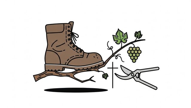Minimalist flat illustration of a work boot on a vine, brown and green, representing the pruning traditions of Tryphon Zarezan