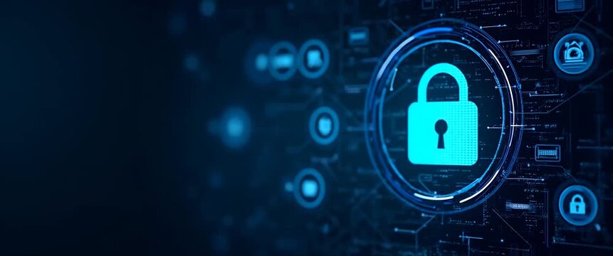 Futuristic cybersecurity concept with animated lock symbol pulsating, camera slowly panning across a digital interface, showcasing data protection in a sleek, cinematic style.