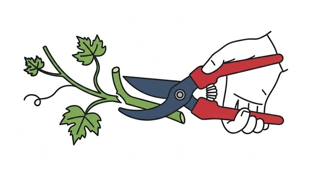 Vector illustration of hand with red pruners cutting a grapevine on white background, celebrating Tryphon Zarezan