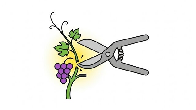 Vector illustration of pruning shears cutting a grapevine, purple and green colors, celebrating Saint Tryphon Zarezan holiday