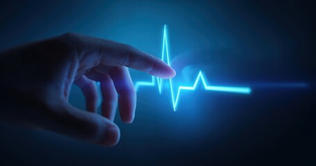 The Hand Touching a Glowing Neon Heartbeat Line Representing Medical Technology and Monitoring