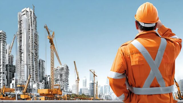 Building Dreams: An construction worker, helmeted and clad in work attire, looks at the city skyline, envisioning the structure of the tall buildings and cranes with the construction equipment.