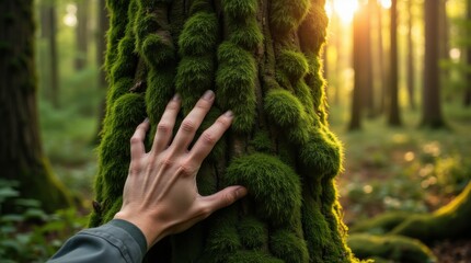 A hand gently caresses the vibrant moss covering a tree trunk in a peaceful forest during golden hour, emphasizing a connection with nature and tranquility.