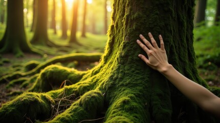 A hand gently caresses the vibrant moss covering a tree trunk in a peaceful forest during golden hour, emphasizing a connection with nature and tranquility.