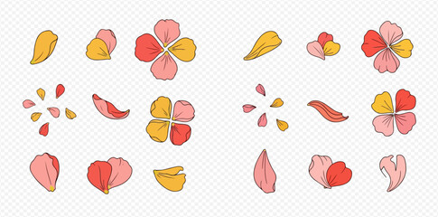 Set of colorful flower petals and blossoms in various shapes and arrangements, perfect for spring and floral designs.