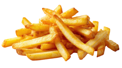 Delicious fried potato chips served as a fast food snack, featuring crispy yellow french fries isolated on a white background for an unhealthy yet tasty lunch or dinner meal