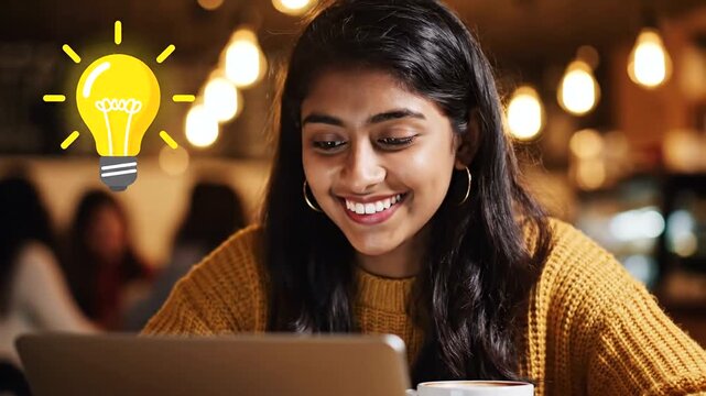 Young Womans Eureka Moment - Laptop Sparks Brilliant Idea in Cozy Cafe.