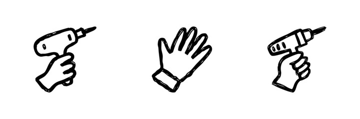 Obraz premium Hand Holding Drill And Glove Line Icon Set In Doodle Style. Diy Tools And Safety Equipment Outline Sketch Collection. Home Improvement And Construction Essentials. Hand Drawn Vector Illustration
