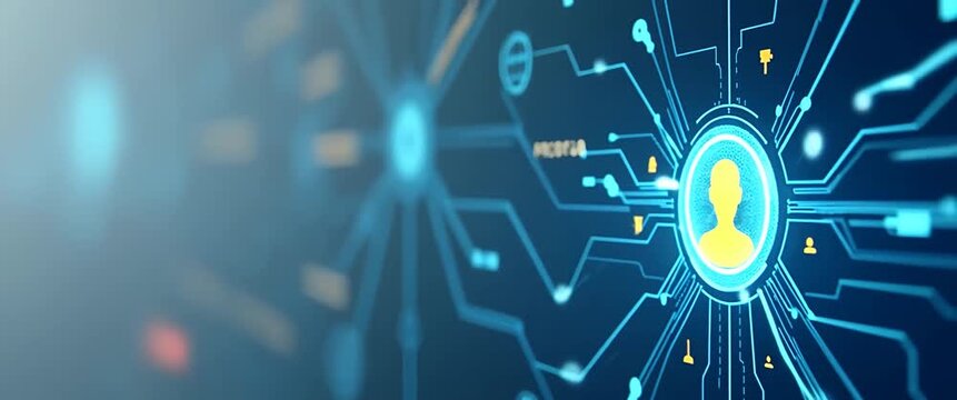 Futuristic digital identity network visualization with dynamic data flow, as the camera slowly pans across a high-tech interface, in a cinematic, technology-focused style.