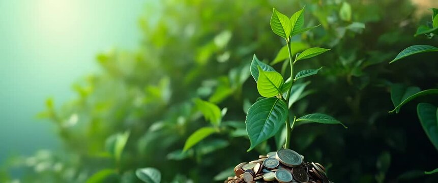 Vibrant green plant grows from a pile of coins, symbolizing financial growth, with a slow camera pan highlighting leaves swaying gently in a serene, cinematic setting.