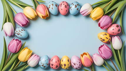 Easter egg tulip wreath on light blue background