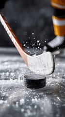 Hockey player moves on the skating rink with a stick and puck while preparing to make a shot. Ice and players are in the background