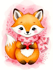 Cute Fox Holding Heart With Scarf: Valentine-Themed Cartoon Portrait For Kids And Families