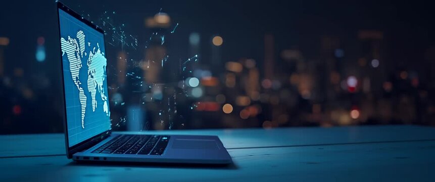 Sleek laptop with digital world map animation glows on a wooden desk as the camera slowly pans, capturing a blurred cityscape backdrop in a cinematic, tech-focused ambiance.