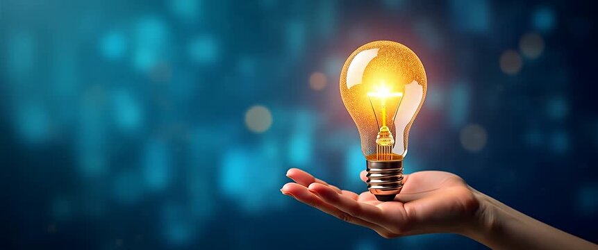 Hand gracefully holds glowing light bulb amidst bokeh lights; camera slowly pans, capturing ambient flicker in a cinematic style, symbolizing innovation and creativity.