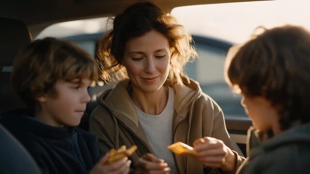 A parent passing snacks to restless children in the back seat during a long highway traffic jam, warm sunlight flooding the car interior and highlighting the relatable stress of family travel
