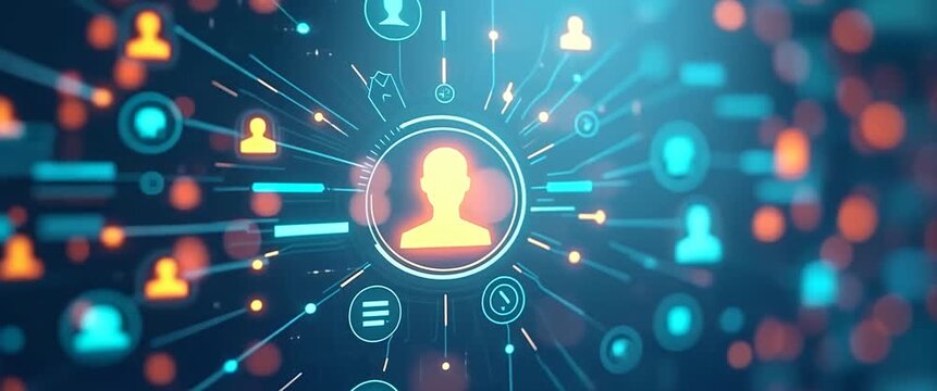 Futuristic digital network interface with dynamic icons pulsating, camera slowly pans across glowing data streams, creating a cinematic ambiance for technology and innovation themes.